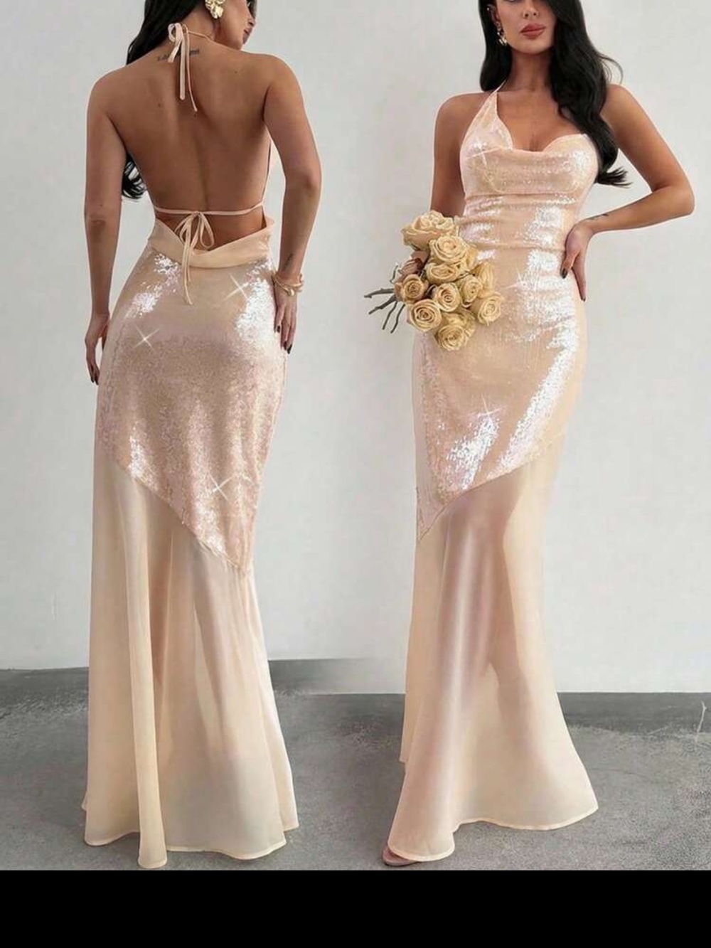 Backless Sequin Halter Gown in Champagne